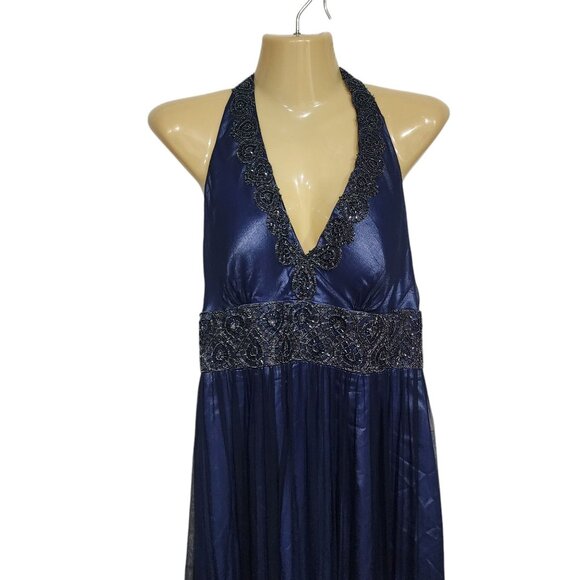 Adrianna Papell Dress Blue Evening Halter Gown Size 14 Polyester Silk Embellishe - Picture 3 of 11
